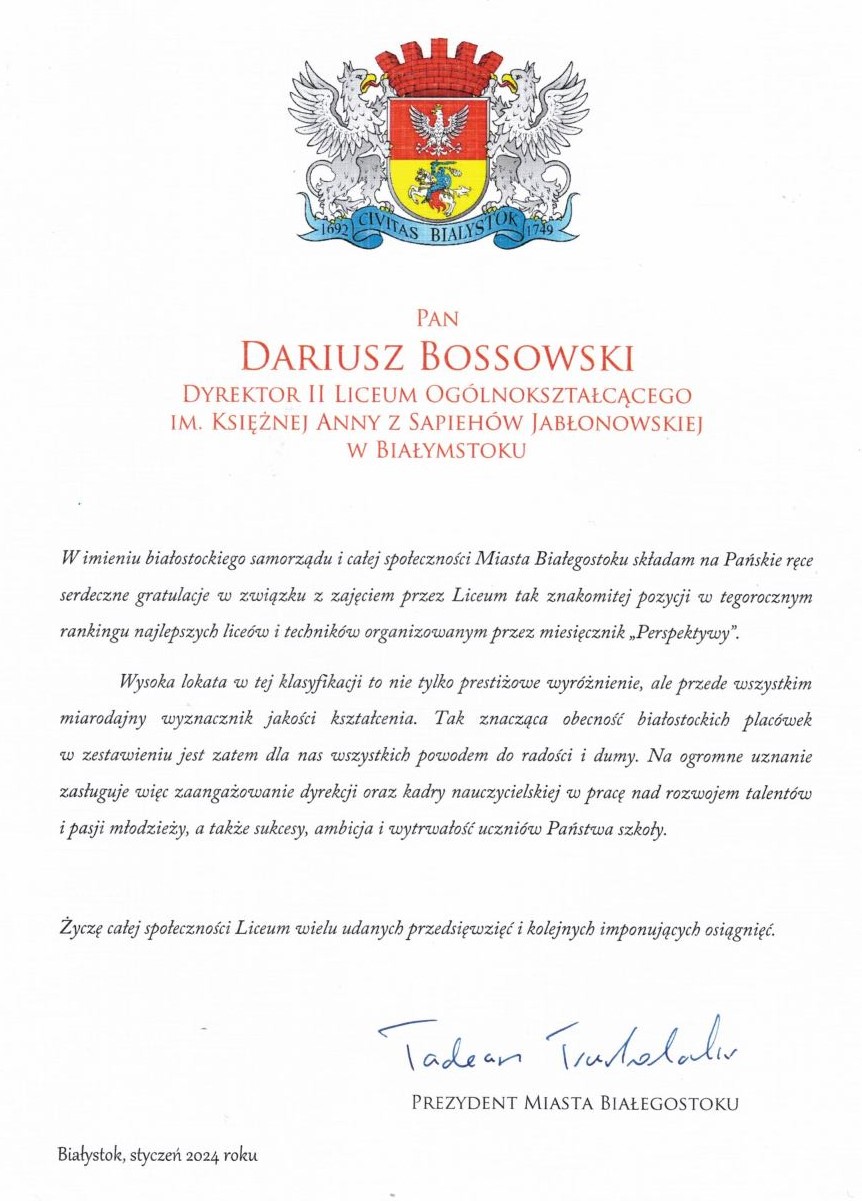 gratulacje Prezydenta Białegostoku