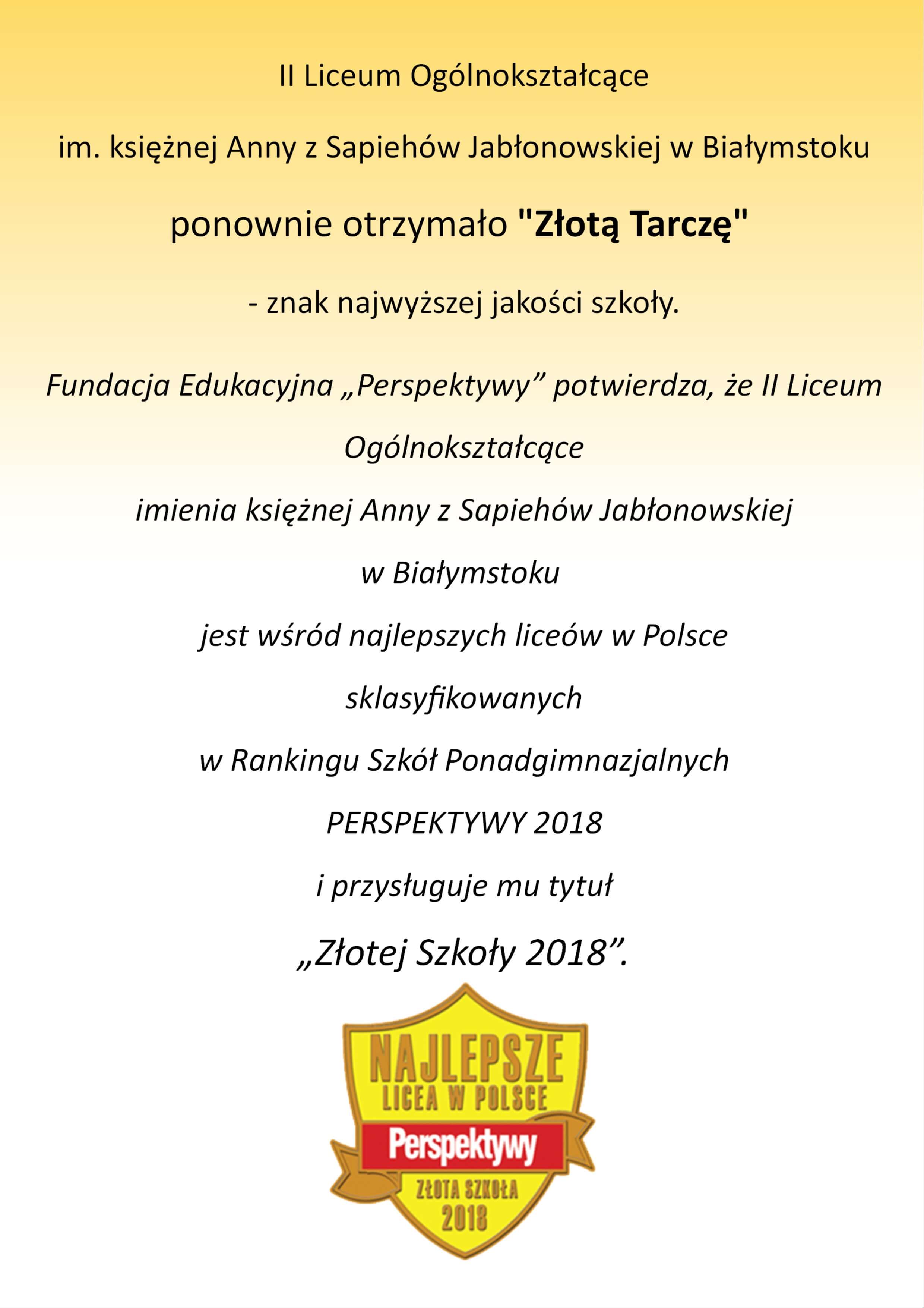 Złota tarcza - znak najwyższej jakości szkoły