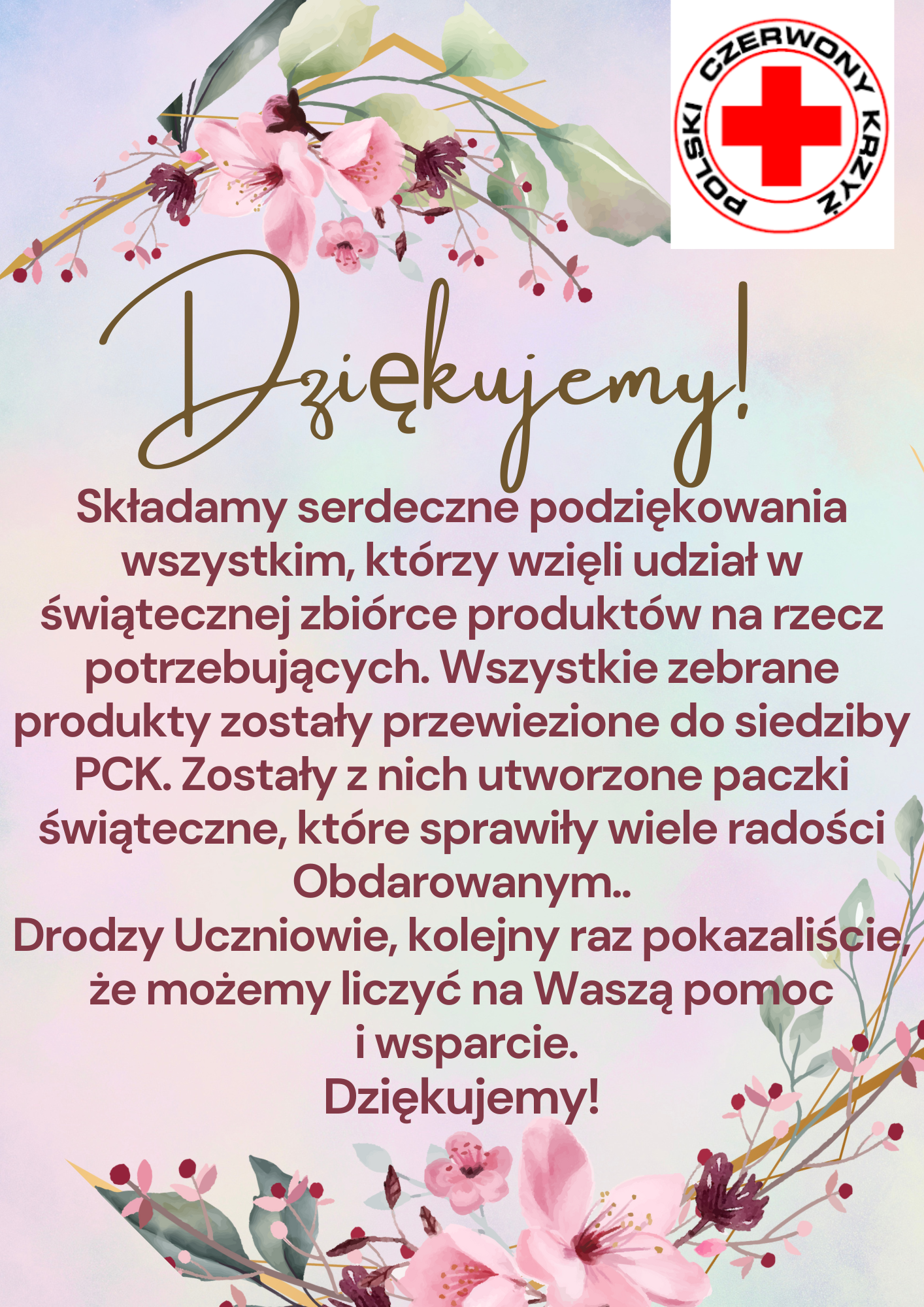 podziękowania od szkolnego koła PCK