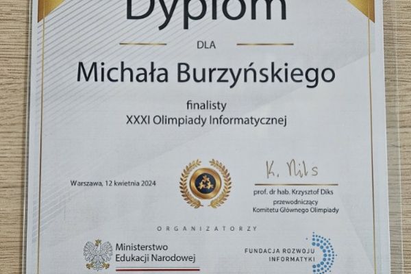Finalista Olimpiady Informatycznej - kliknięcie spowoduje powiększenie zdjęcia Olimpiada Informatyczna