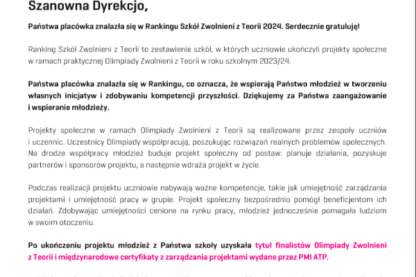 Wyróżnienie naszej szkoły w Rankingu Zwolnieni z Teorii